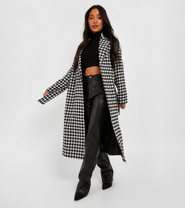 Buy Boohoo Dogtooth Belted Wool Look Trench Coat In Black