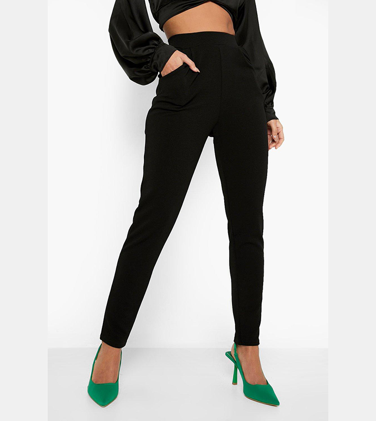 Buy Boohoo High Waisted Pleat Front Tapered Work Trousers In Black