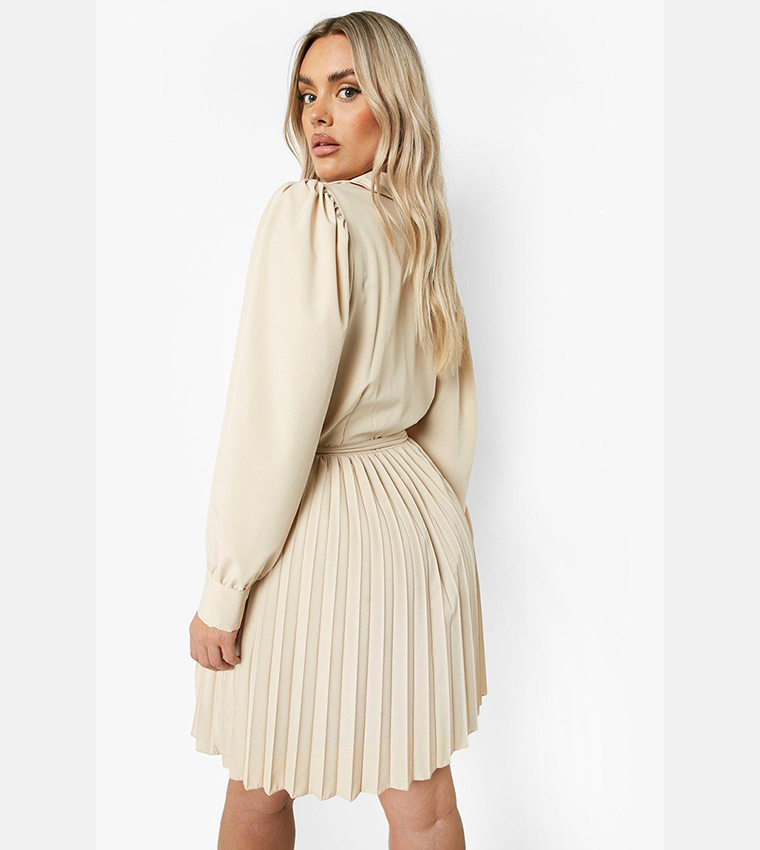 Buy Boohoo Pleated Belted Blazer Skater Dress In Beige | 6thStreet ...