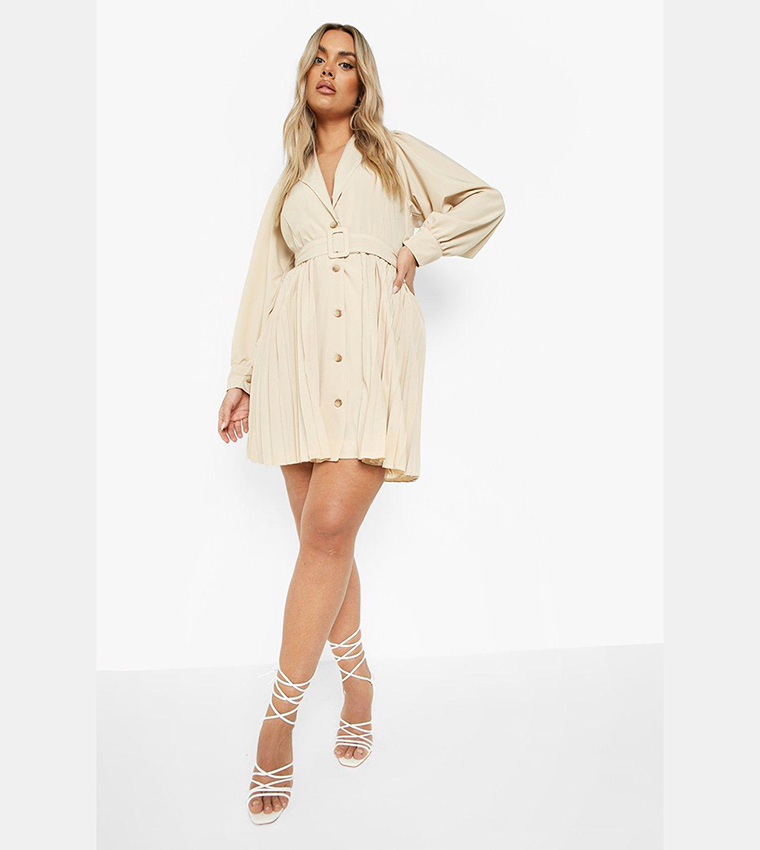 Buy Boohoo Pleated Belted Blazer Skater Dress In Beige | 6thStreet ...