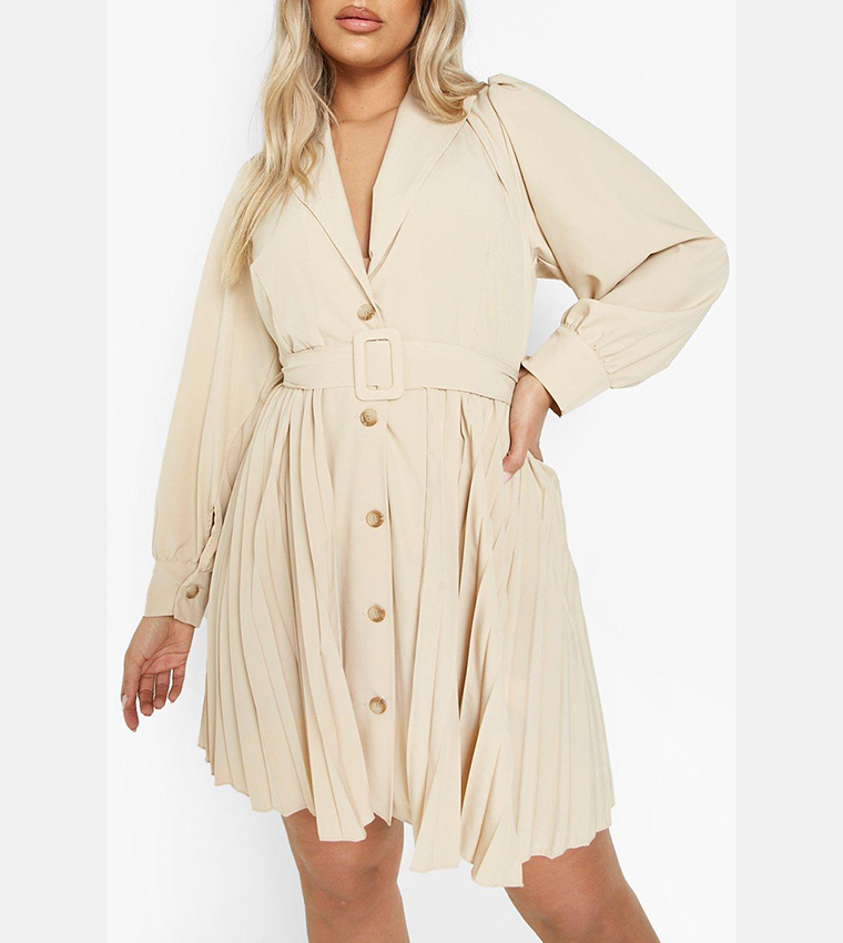 Buy Boohoo Pleated Belted Blazer Skater Dress In Beige | 6thStreet ...