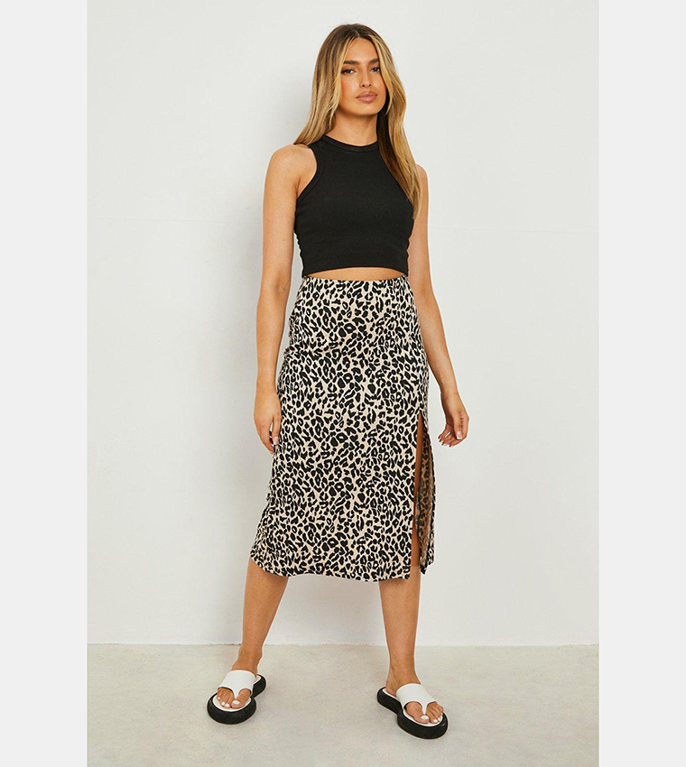 Buy Boohoo Leopard Printed Jersey Thigh Split Midi Skirt In Multiple Colors 6thStreet Oman