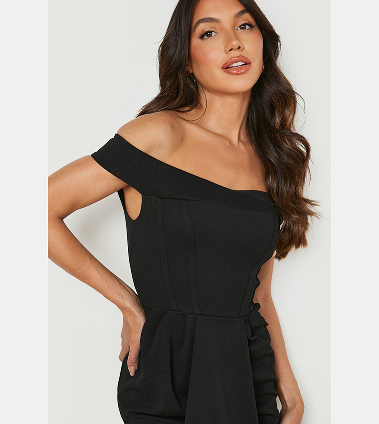 Buy Boohoo Corset Detail Bardot Draped Midi Dress In Black | 6thstreet Qatar