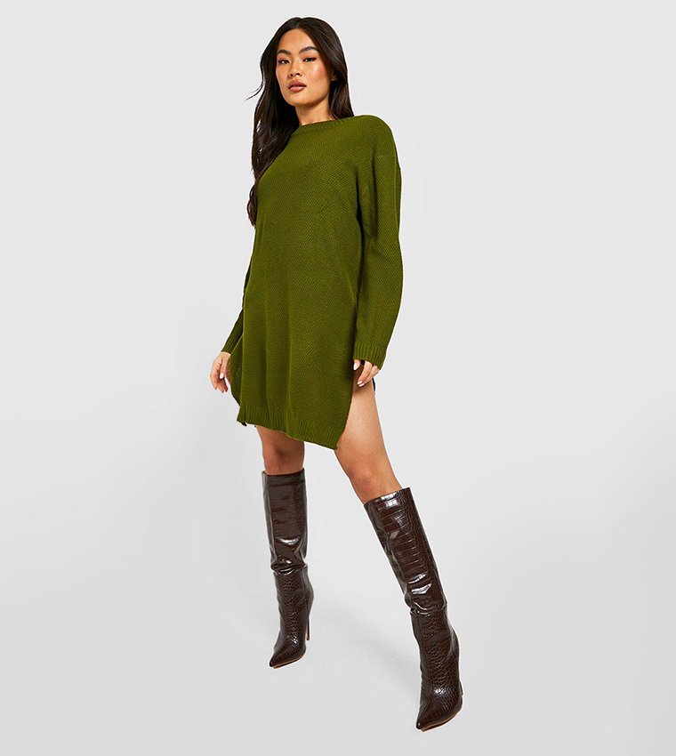 Buy Boohoo Side Split Moss Stitch Sweater Dress In Khaki 6thStreet Bahrain