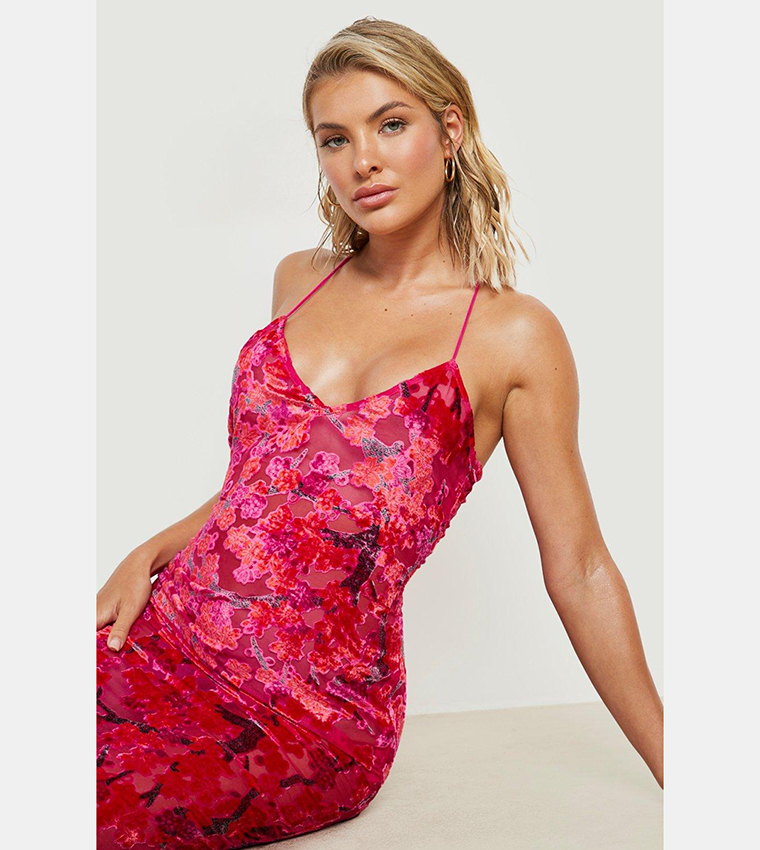 Buy Boohoo Sheer Devore Plunge Cami Midi Beach Dress In Pink