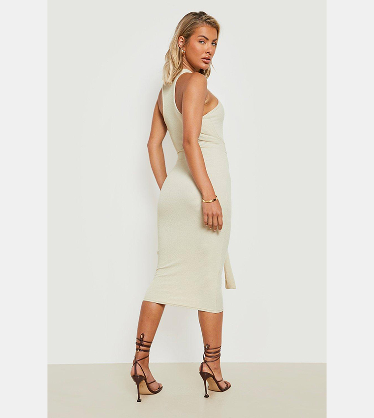 Buy Boohoo Ripple Rib Racer Tie Front Midi Dress In Beige 6thstreet Qatar 8189