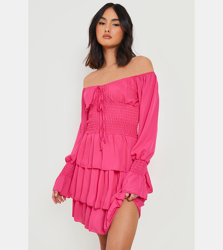 Buy Boohoo Chiffon Shirred Bardot Mini Dress In Pink | 6thstreet Kuwait