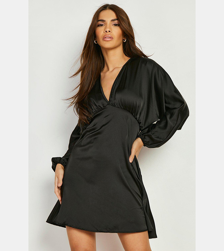 satin plunge skater dress Pink Satin Plunge Front Cinched Waist Skater Mini Dress