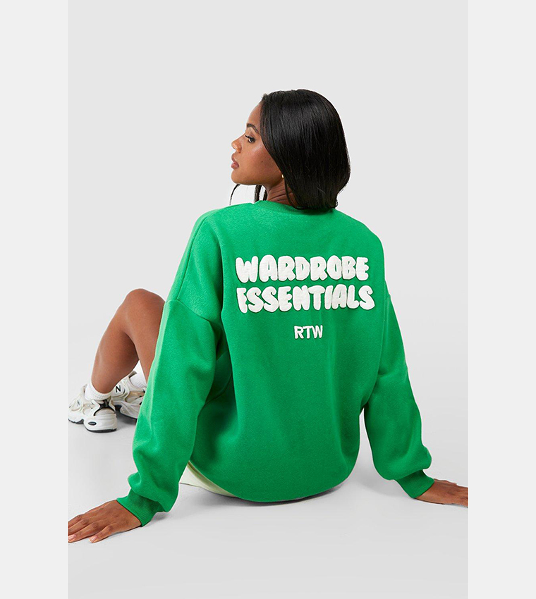 Buy Boohoo Wardrobe Essentials Back Print Sweater In Green