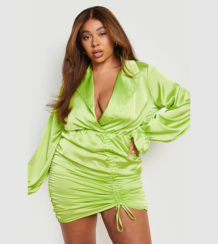 lime green satin shirt dress SHIRT DRESS WITH WAIST BELT