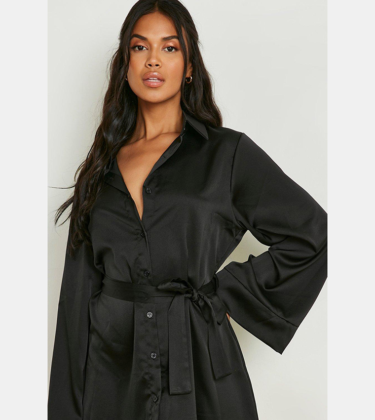 Satin Knot Front Kimono Dress Buy Boohoo Satin Kimono Sleeves Knot