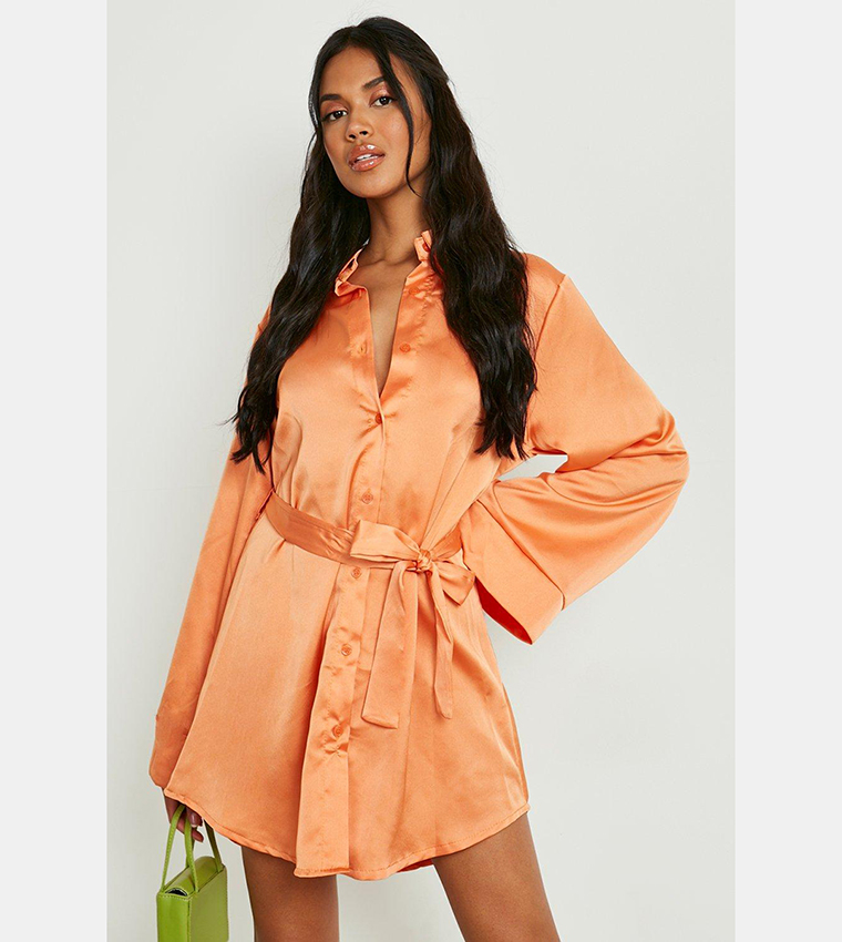 Buy Boohoo Satin Kimono Sleeves Knot Front Shirt Dress In Orange 6thStreet Bahrain