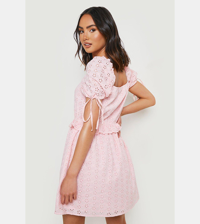 Buy Boohoo Broderie Puff Sleeves Milkmaid Dress In Pink | 6thstreet Bahrain