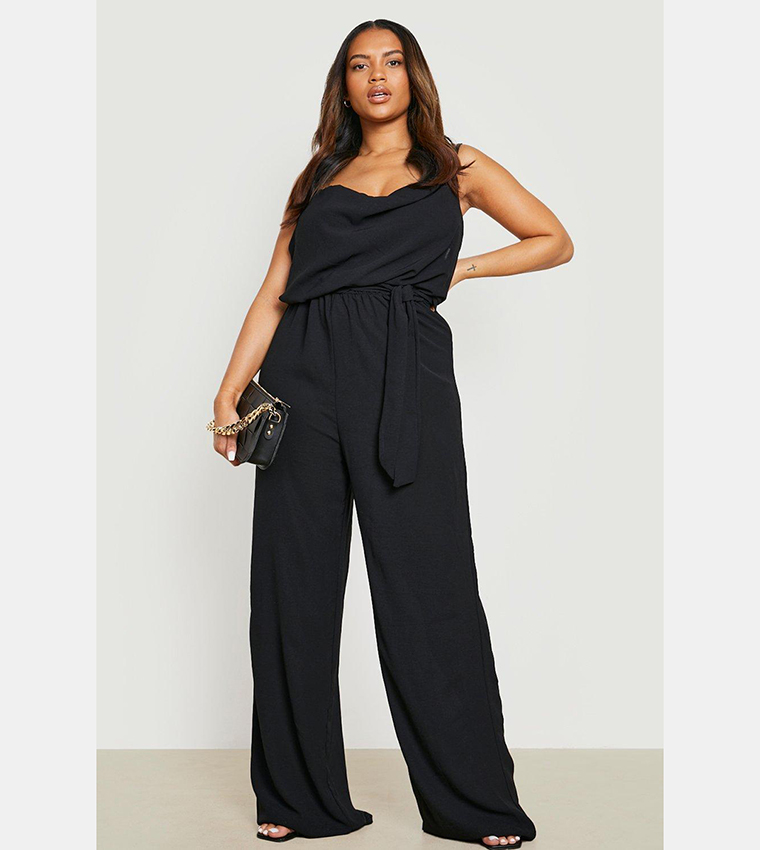 Plus Cowl Neck Belted Wide Leg Jumpsuit