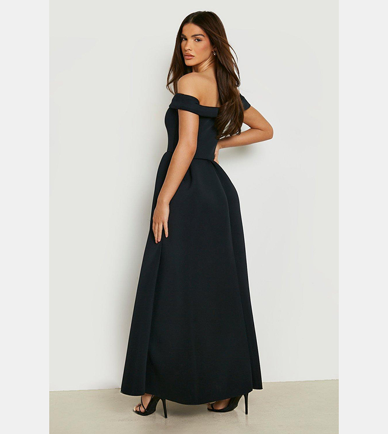 Buy Boohoo Bonded Scuba Bardot Maxi Dress In Black 6thstreet Oman 4057