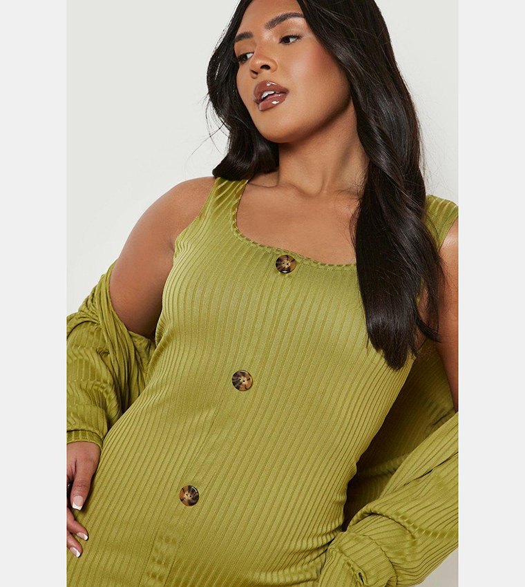 Buy Boohoo Horn Button Midi Dress And Duster Co Ord Set In Green