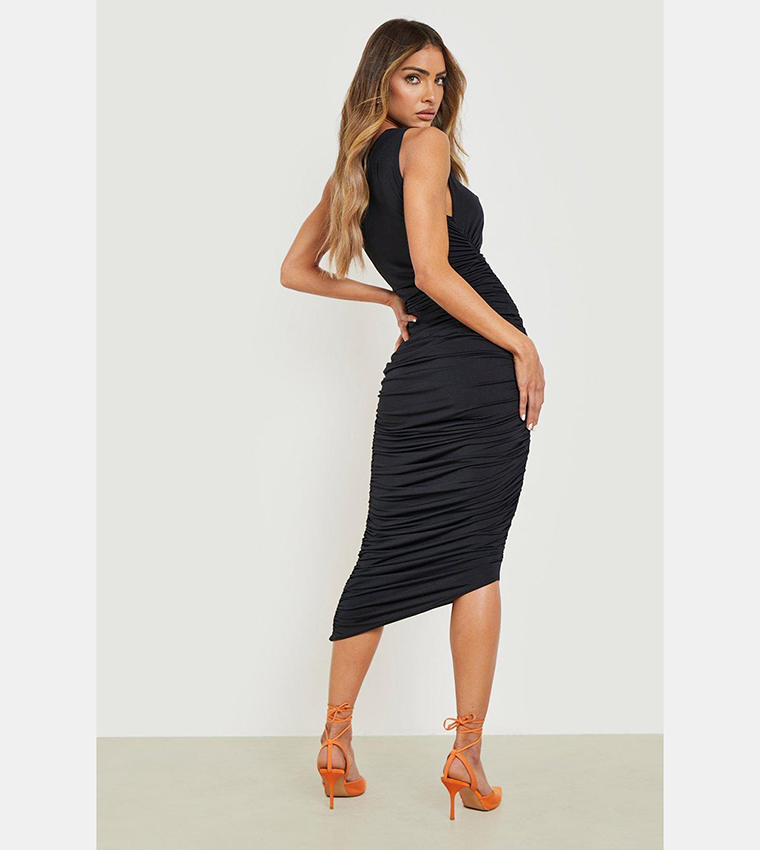 Ruched One Shoulder Midi Dress Black main image 1