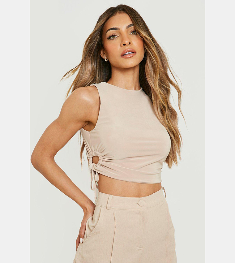Buy Boohoo Double Layer Cut Out Detail Racer Crop Top In Beige