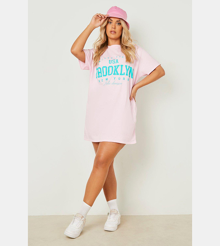 Buy Boohoo Outlet Brooklyn Slogan Oversized T Shirt Dress In Pink 6thStreet Qatar