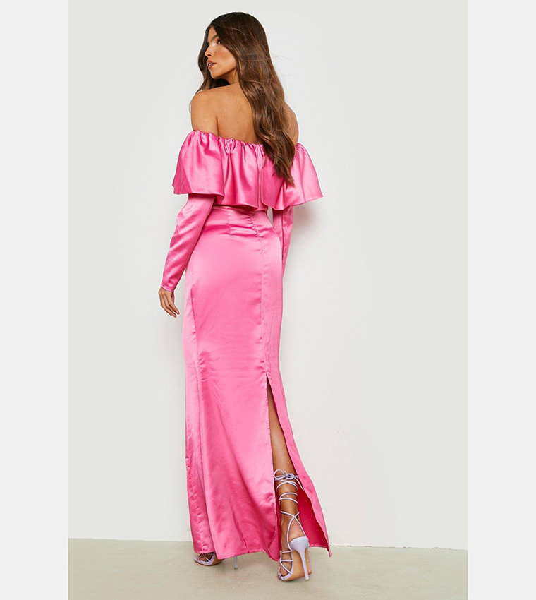 Buy Boohoo Satin Bardot Frill Detail Maxi Dress In Pink | 6thstreet Bahrain