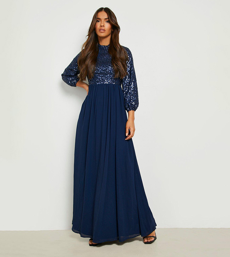 boohoo navy sequin dress Navy Sequin Crew Neck Long Sleeve Mini Dress