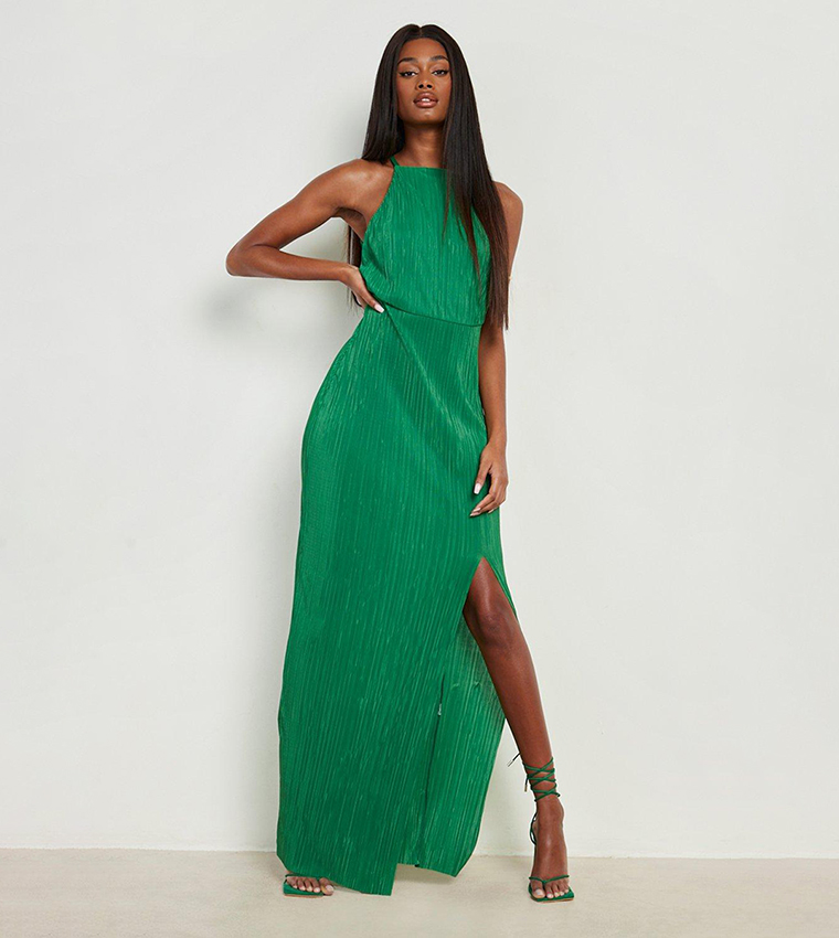 Green thigh split dress best sale