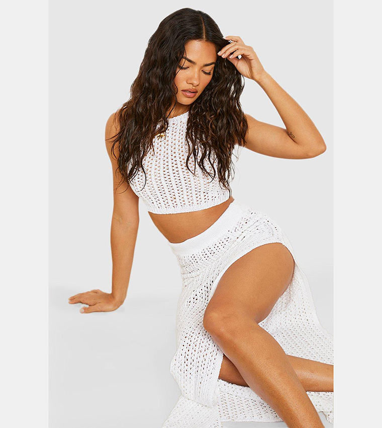 Buy Boohoo Crochet Crop Maxi Skirt Beach Co Ord Set In White