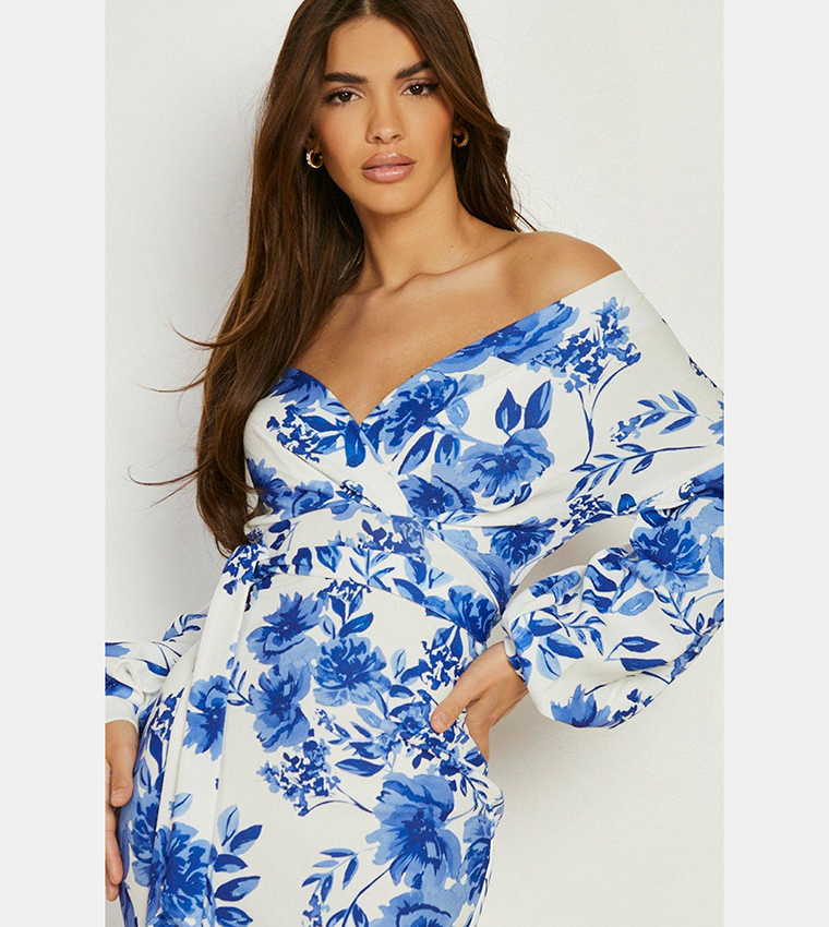 Buy Boohoo Floral Off The Shoulder Wrap Midi Dress In Blue 6thStreet Kuwait