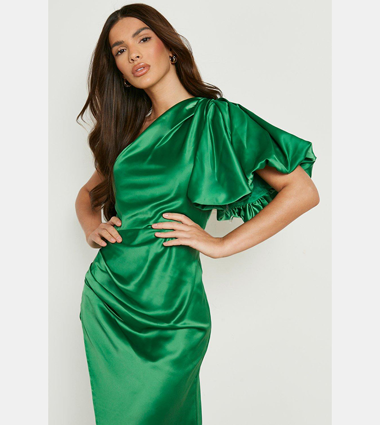 Buy Boohoo Puff One Shoulder Side Split Maxi Dress In Green | 6thstreet  Qatar