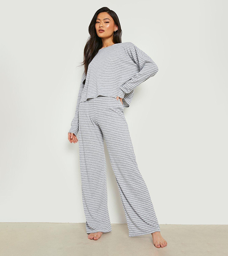 Buy Boohoo Stripe Jersey Lounge Trousers Pajama Set In Grey