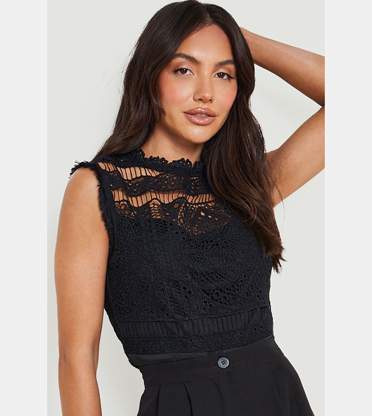 Buy Boohoo Crochet Lace Sleeveless Bodysuit Top In Black