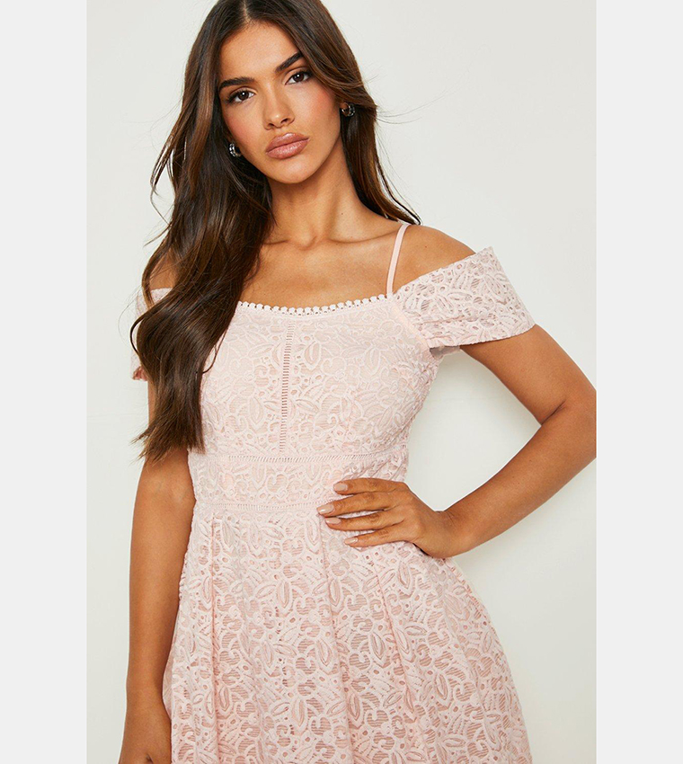 Buy Boohoo Outlet Boutique Embroidered Bardot Midi Skater Dress In Pink 6thStreet UAE