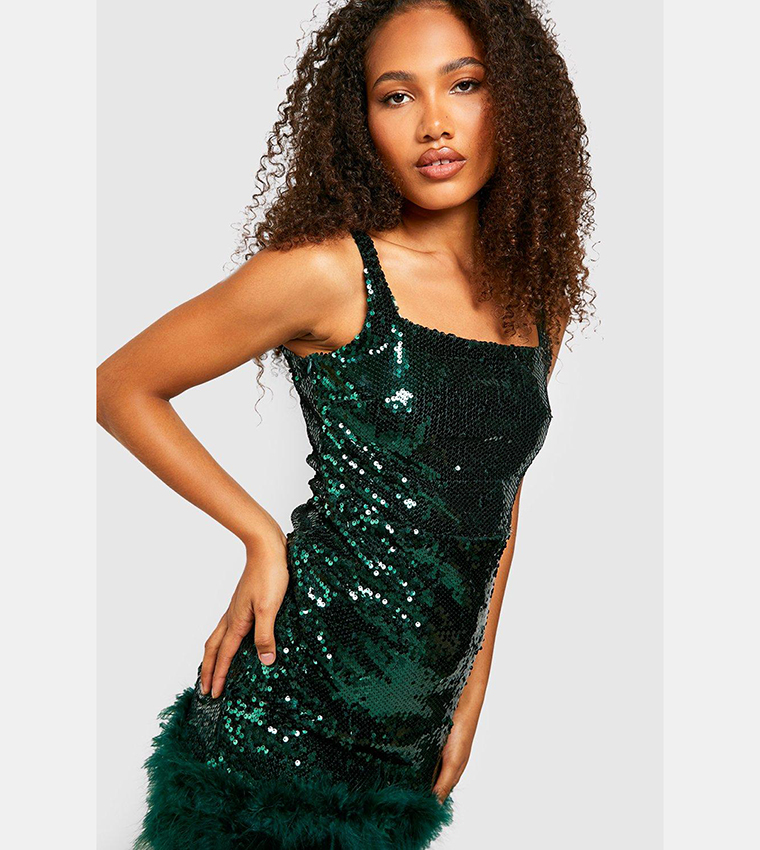 Sequins Feather Hem Mini Dress