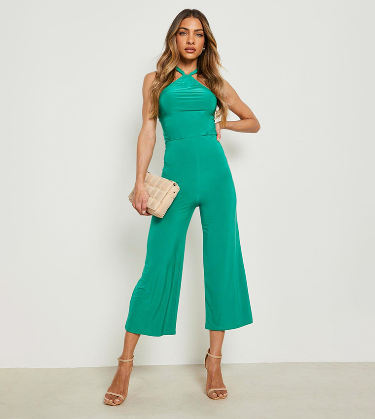 Buy Boohoo High Neck Sleeveless Slinky Jumpsuit In Green