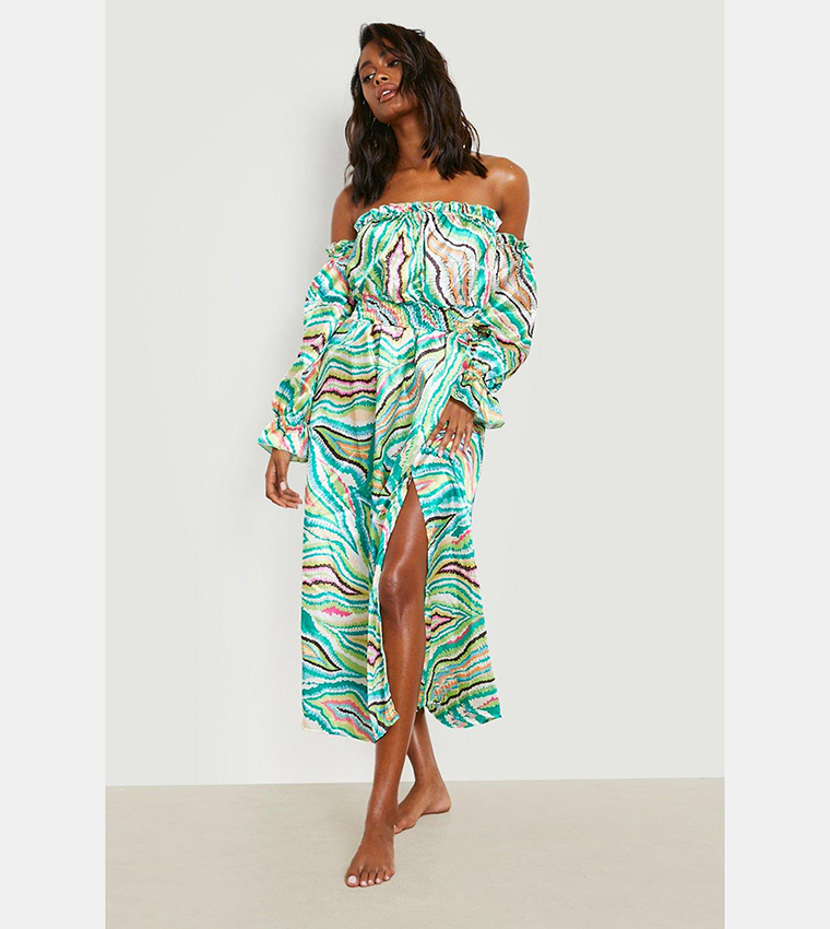 Buy Boohoo Printed Satin Bardot Shirred Midi Beach Dress In Green 6thStreet Oman