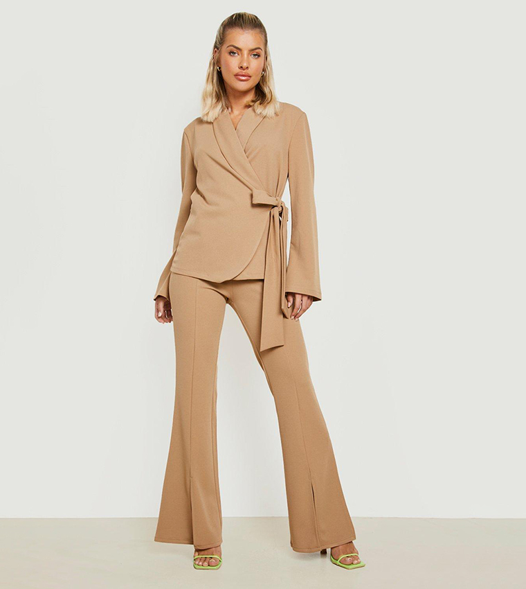 Buy Boohoo Jersey Crepe Seam Split Front Flare Pants In Beige