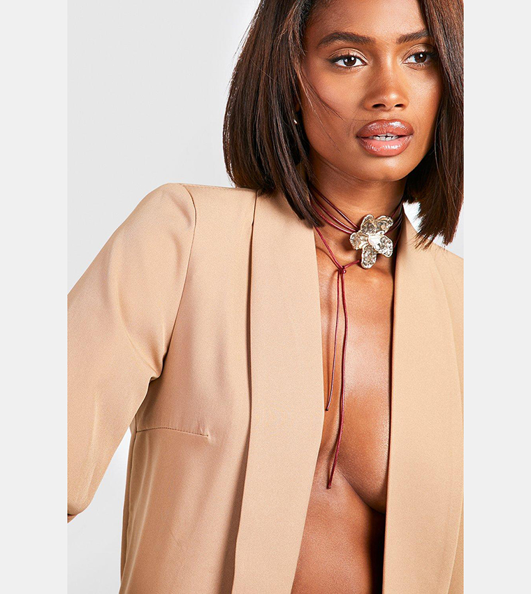 Beige Ruched Sleeves Blazer - Hurain