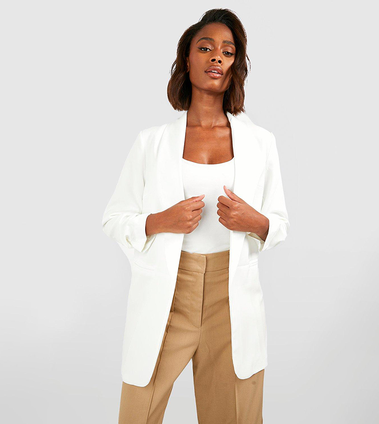 Ruched sleeve deals white blazer