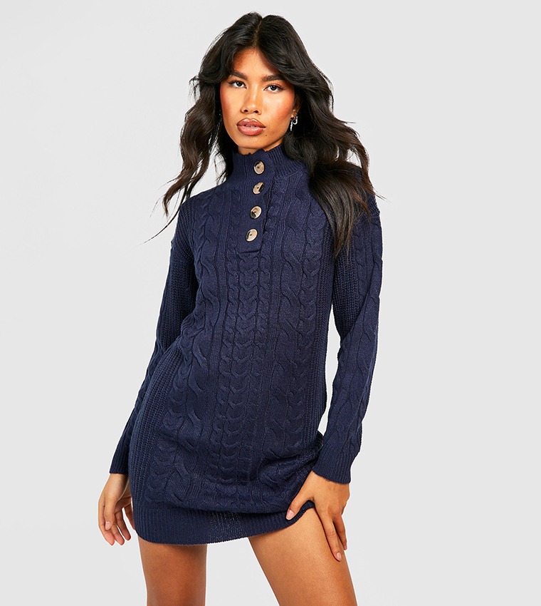 Buy Boohoo Button Neckline Cable Knitted Sweater Dress In Navy 6thStreet Qatar