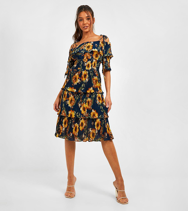 Buy Boohoo Floral Plisse Cold Shoulder Frill Midi Dress In Navy