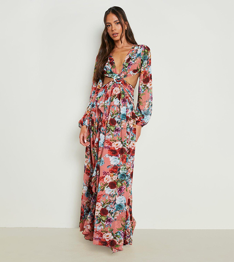 Buy Boohoo Floral Cut Out Open Back Maxi Dress In Pink | 6thStreet ...