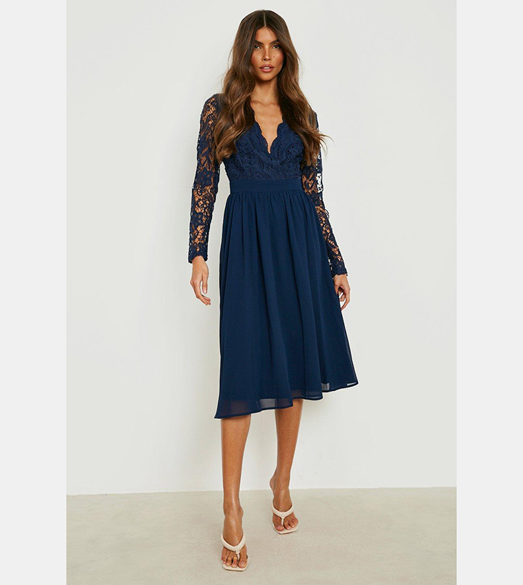 Buy Boohoo Lace Open Back Midi Skater Dress In Navy 6thStreet UAE