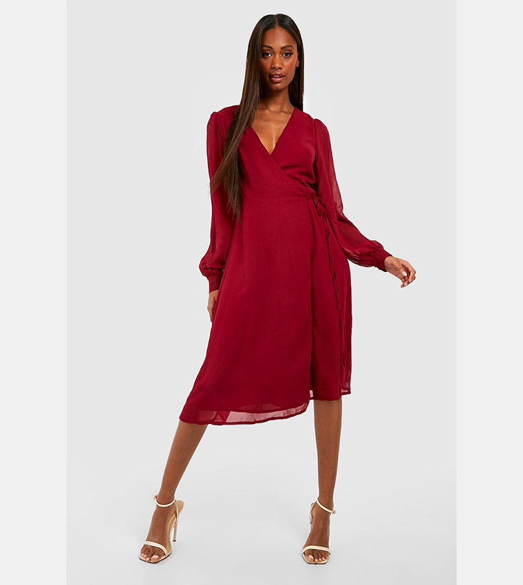 Long sleeve chiffon wrap dress hotsell