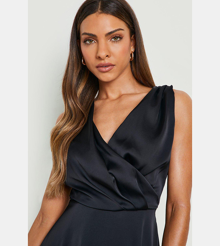 boohoo satin cowl neck midi dress Women's Satin Cowl Neck Ruched Detail Midi Dress, Olive