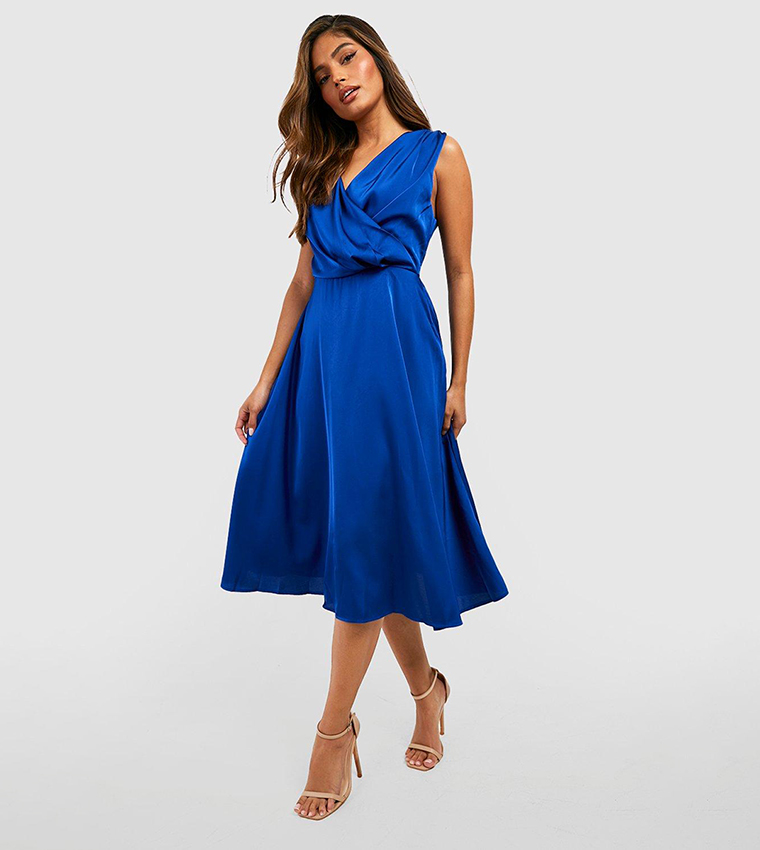 boohoo satin cowl neck midi dress Buy Boohoo Satin Cowl Neck Wrap Midi Dress In Navy