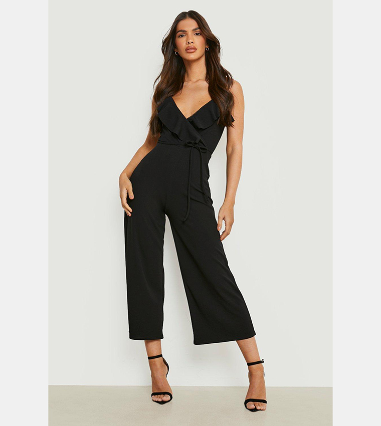 Black Belted Frill Culotte Jumpsuit, Womens Jumpsuits