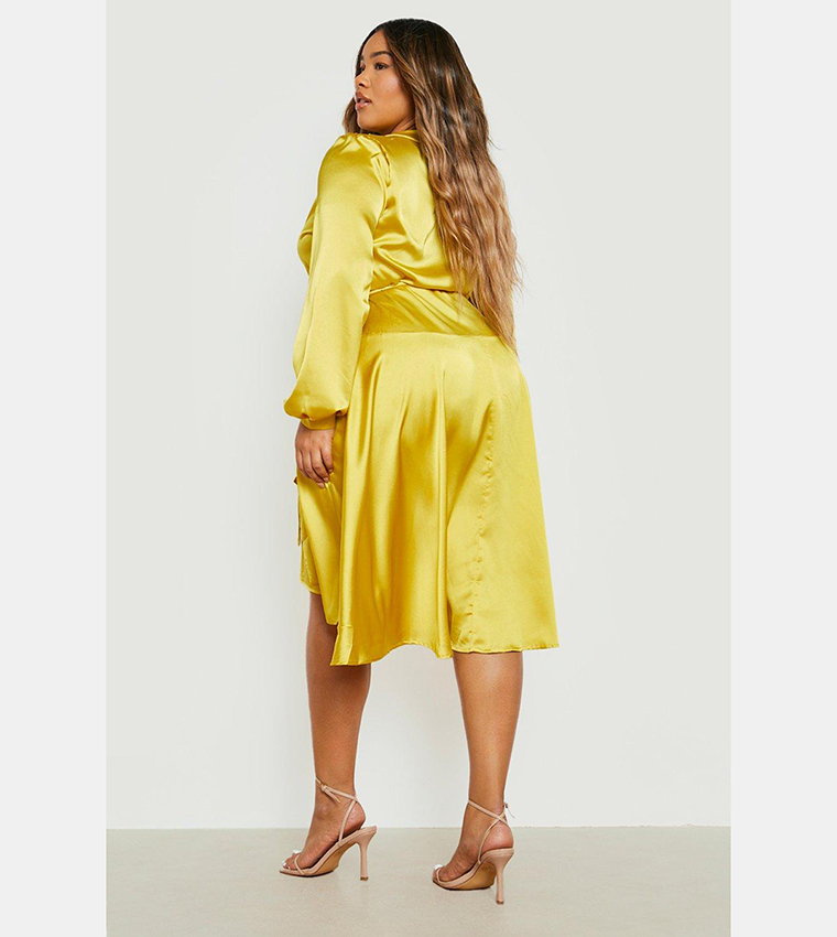 Buy Boohoo Satin Wrap Detail Midi Skater Dress In Yellow 6thstreet Qatar