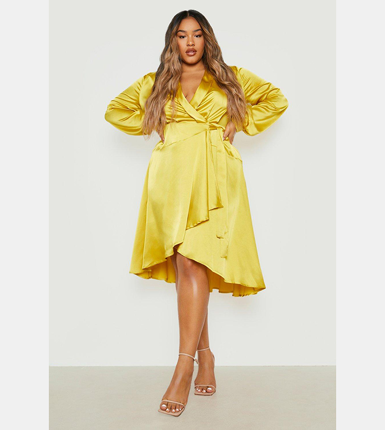 Buy Boohoo Satin Wrap Detail Midi Skater Dress In Yellow 6thstreet Qatar