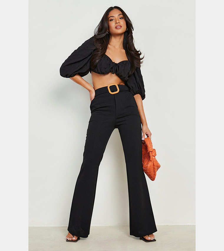 Buy Boohoo Rattan Buckle Belted Flare Trousers In Black