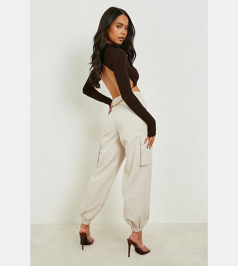 Buy Boohoo Cuff Hem High Waist Cargo Trousers In Beige